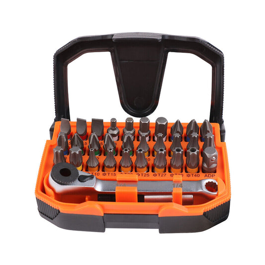 A set of mini double head screwdriver bits and a ratchet handle presented in an orange and black waterproof case with a black lid, branded by sedy.