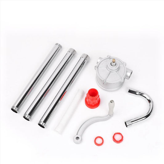 The image shows the components of a hand rotary oil pump, including pipes, a valve, a crank handle, and other parts laid out on a white background.