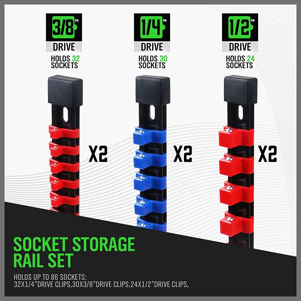 Socket storage rail set with different drive sizes on a white background