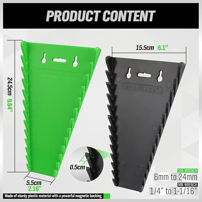 Green and black wedge-shaped tools with measurements and text on a white background
