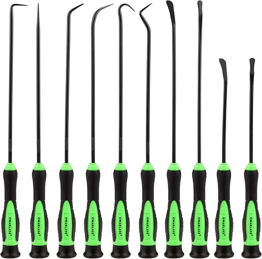 Set of black and green tools with green handles on a white background