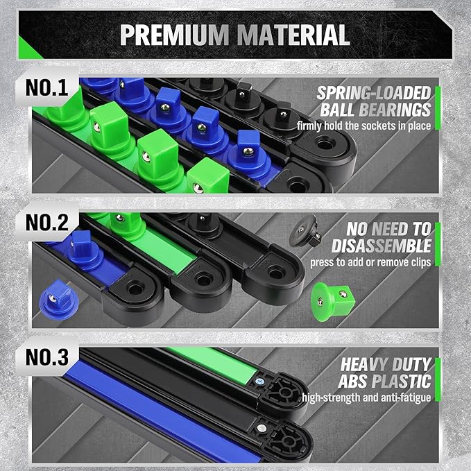 Product features with text highlighting premium material, spring-loaded ball bearings, no need to disassemble, and heavy-duty ABS plastic on a gray background.