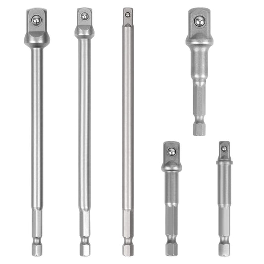 A set of six silver-colored chrome vanadium steel drill socket adapters of varying sizes, displayed vertically and arranged in two groups with similar sizes together.