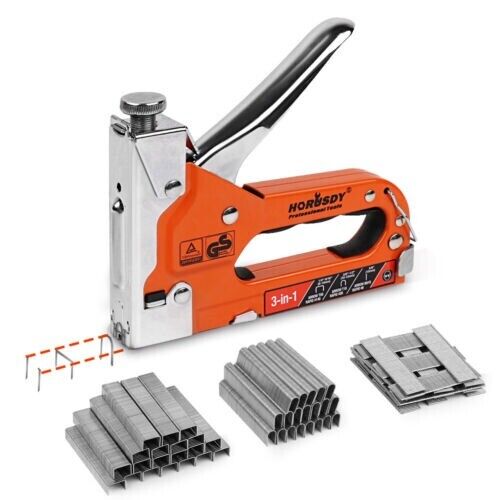 An image showing a HORUSDY 3-in-1 staple gun in orange and silver color, with a lockable safety loop and an ergonomic grip. Also includes trays of staples in different sizes.