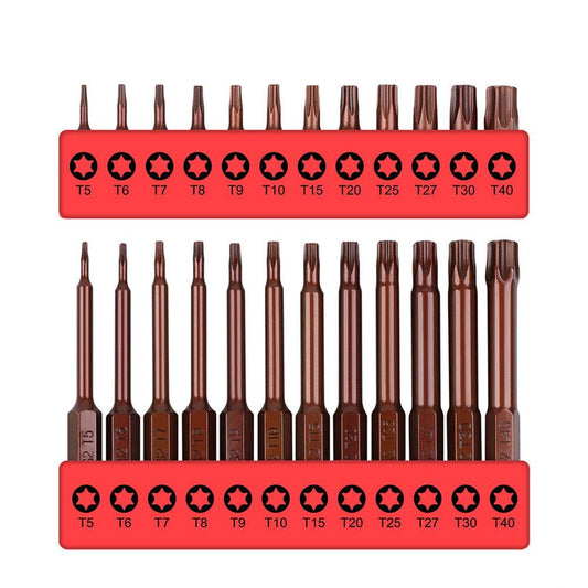 A set of Torx screwdriver bits displayed in a red holder, organized by size with a Torx star pattern on each bit.