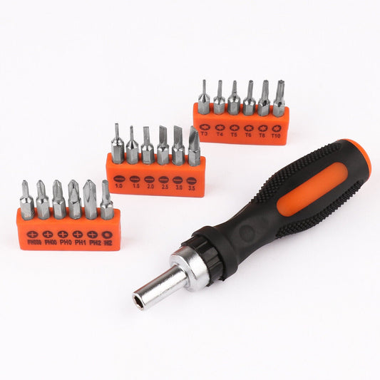 A set of HORUSDY screwdriver bits organized in three racks, with a ratchet screwdriver handle displayed in front of them. The bits include slotted, Torx, Phillips, and a hex bit.