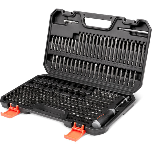 A black plastic case with an open lid, displaying a variety of metal screwdriver bits organized neatly inside. The case has orange latches and the bits appear to be made of chrome vanadium steel.