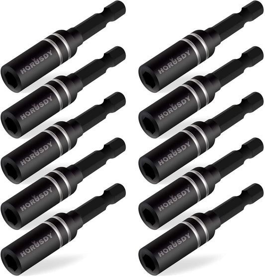 A set of 10 black magnetic extension socket drill bit holders with 1/4 inch hex shanks, arranged side by side.