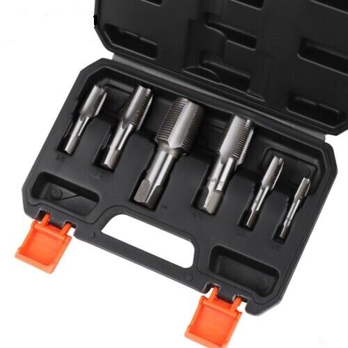 A set of carbon steel pipe taps in various sizes, displayed in an open black case with orange latches.