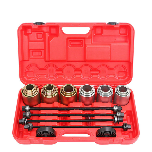 A set of metal press and pull sleeves tools in various sizes, displayed neatly in a red carrying case.