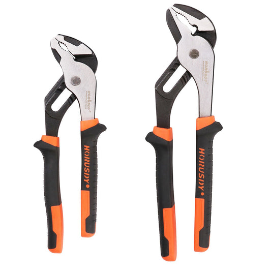 Two pairs of groove joint pliers, one 8-inch and one 10-inch, with orange and black handles and silver-colored heads.