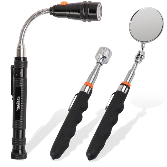A set of three magnetic pick-up tools with telescoping features and an inspection mirror, with black handles and metallic parts, on a white background.