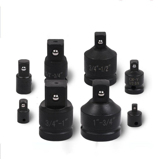 A set of black metal impact socket reducers of various sizes, displayed on a white background.
