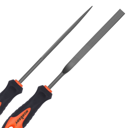 Two mini sharp flat steel files with orange and black handles, designed for metal and wood carving.