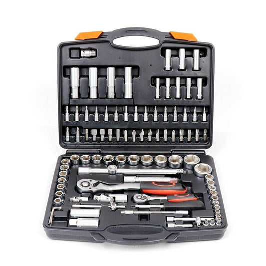 A tool set displayed in an open case, including various wrenches, sockets, ratchets, screwdriver bits, and other hand tools.