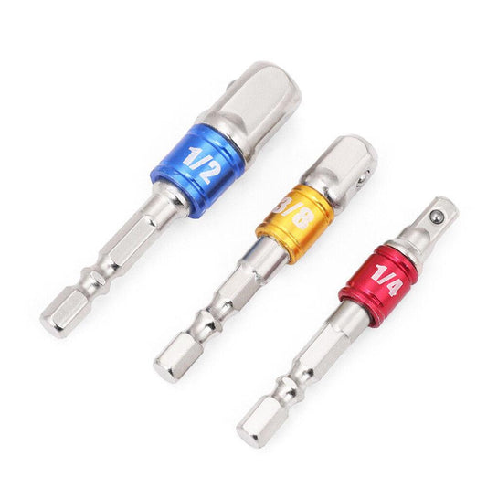 Three piece socket bit adaptor set for drills, with color-coded rings and 1/4 inch hex shank driver socket wrench adapters in blue, yellow, and red.