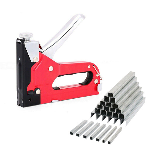 A red and silver staple gun with an accompanying set of silver staples arranged in a line.