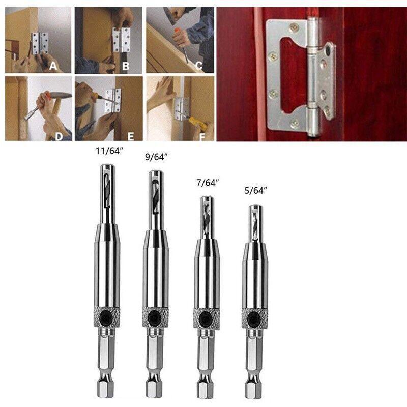 4X Self-Centering Drill Bits Hex Shank Pilot Door Drawer Hinge Hole Screw Guide