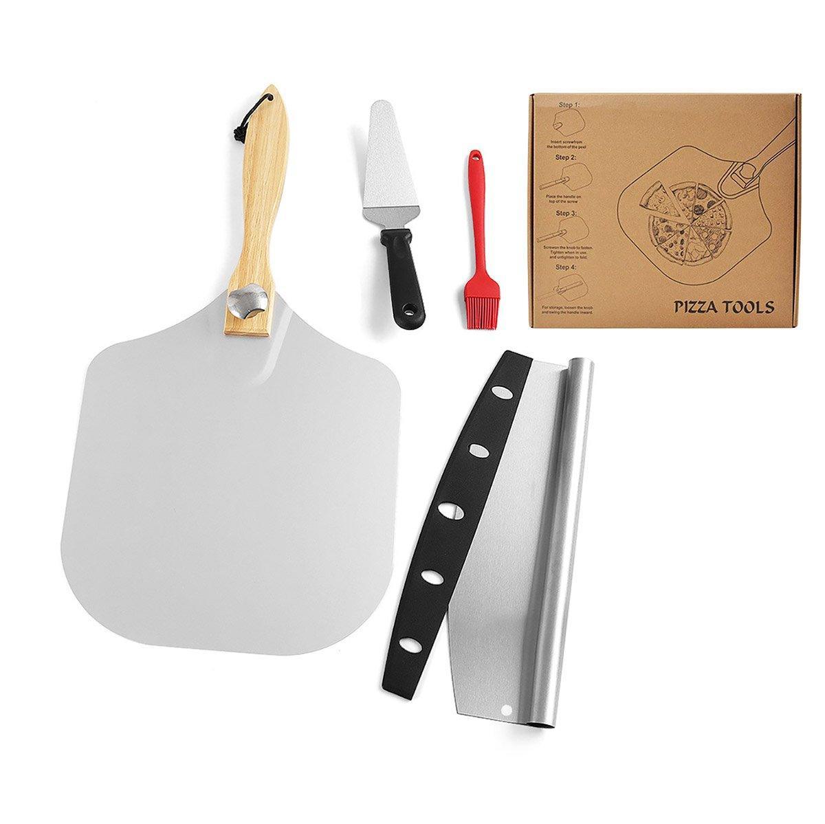 Set of pizza tools including a peel, spatula, brush, and a box labeled 'Pizza Tools' on a white background.