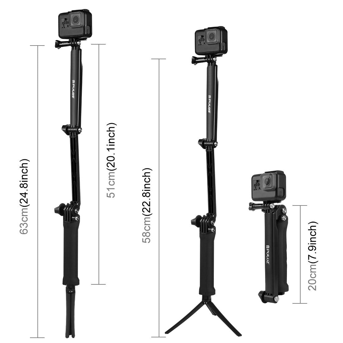 Foldable 3-way Tripod Selfie Stick for Action Cameras - 20-58cm Length
