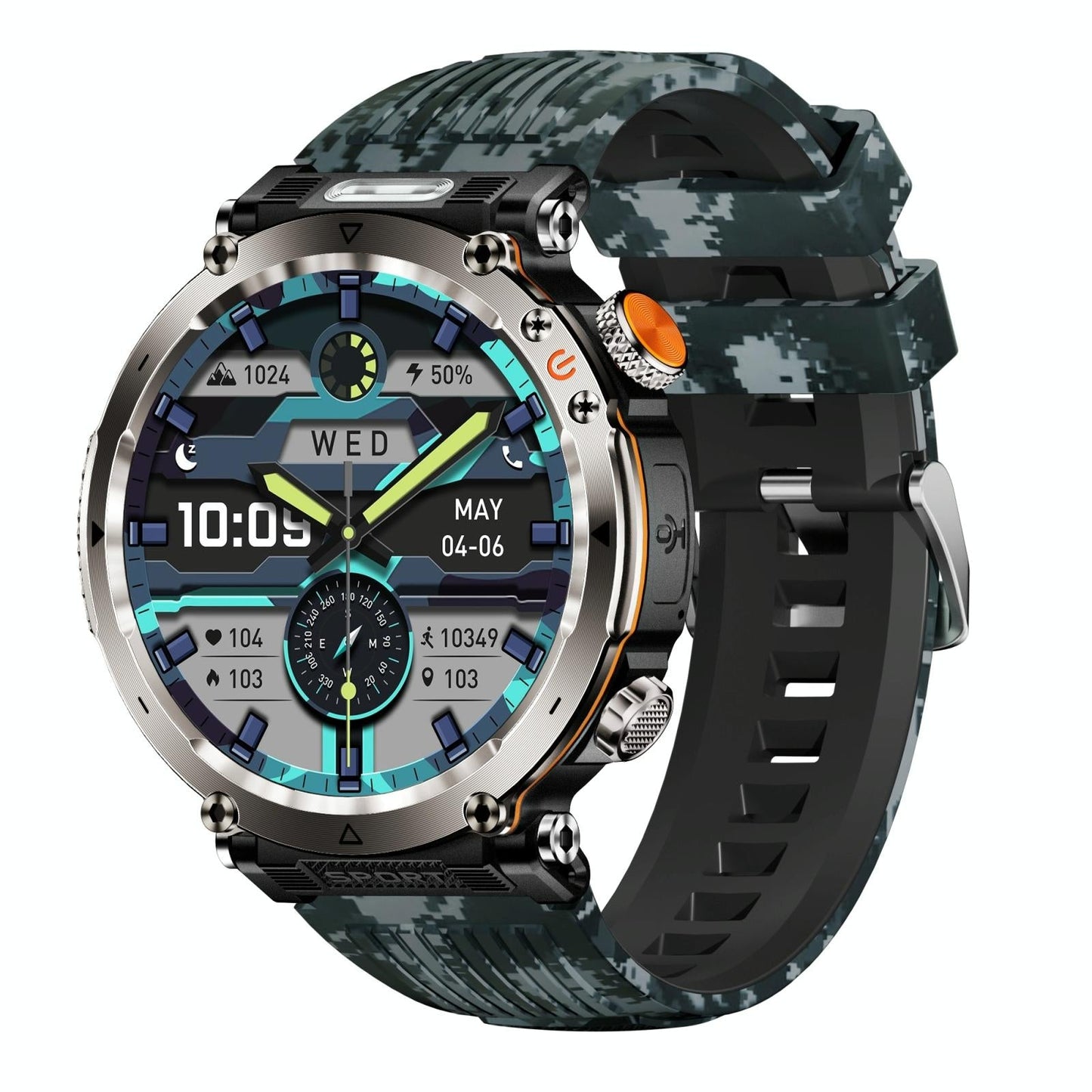 Waterproof Smart Watch With Flashlight Banknote Detector And Compass - Camo - Army Green