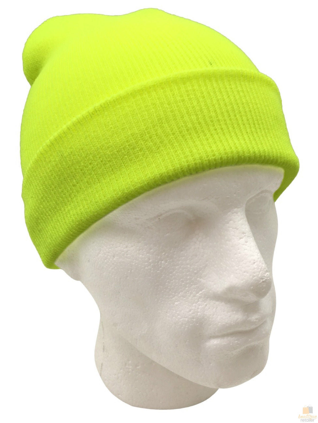 PLAIN FLURO BEANIE Hi Vis Unisex Winter Warm Hat Ski Party Costume Cap Knit - Fluro Yellow