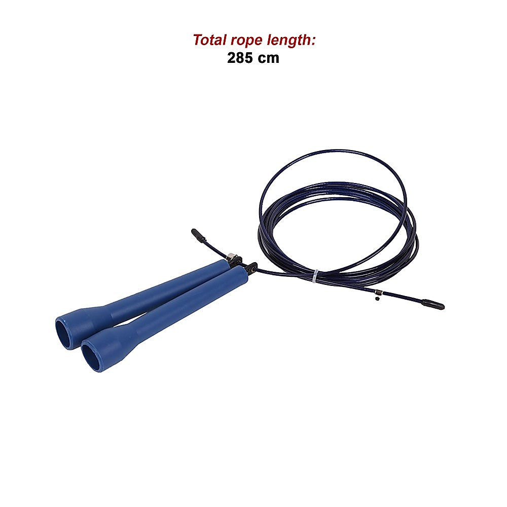 Blue jump rope with black rope on a white background