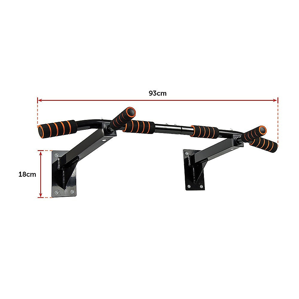 Wall-mounted pull-up bar with dimensions on a white background