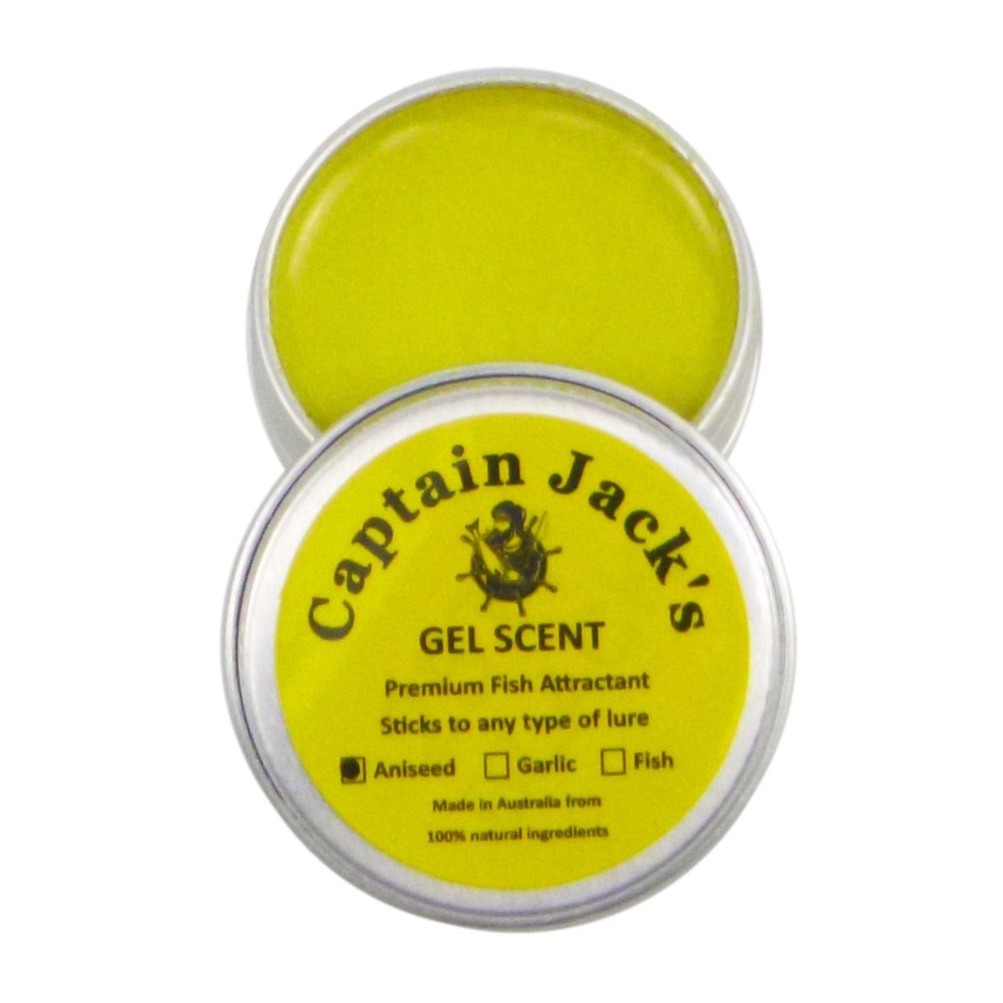 Captain Jack's Gel Scent container with yellow gel inside on a white background