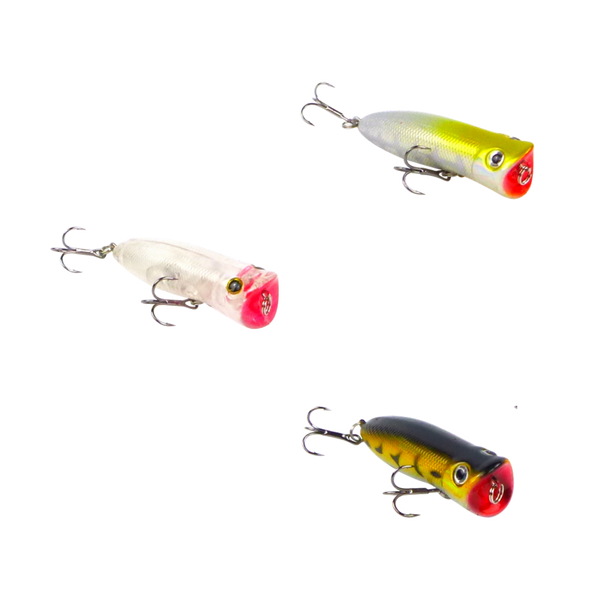 Three Fishing Popper lures on a white background