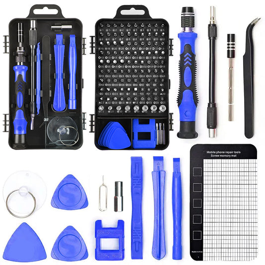Set of mobile phone repair tools with blue and black components on a white background