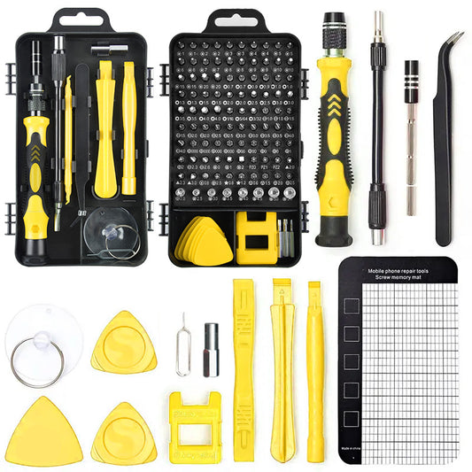 Set of mobile phone repair tools with various components on a white background