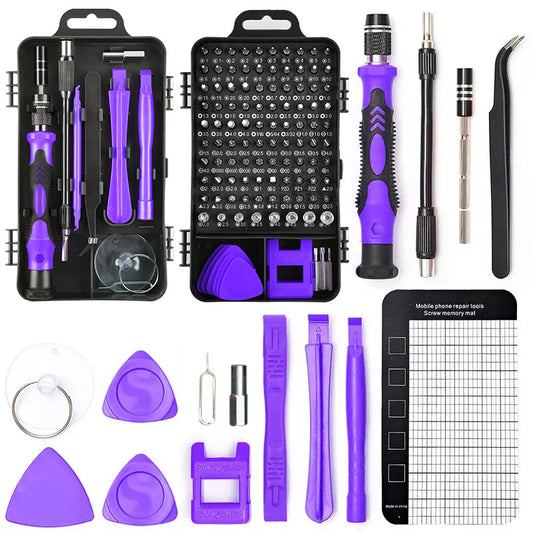 Set of purple and black repair tools with a carrying case on a white background