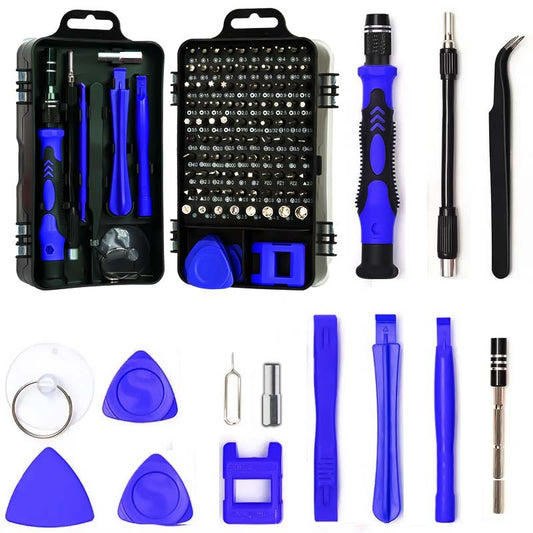 Set of blue and black repair tools including screwdrivers and tweezers on a white background