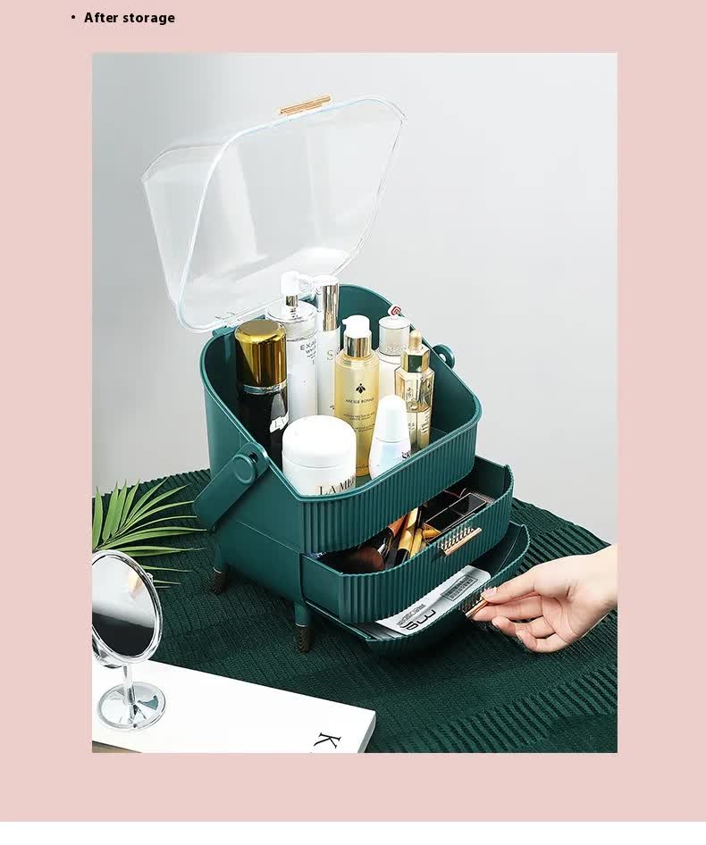 Dark Green Multifunctional Makeup Organizer with Large Capacity and Transparent Design(Makeup is a prop for shooting and is not included)
