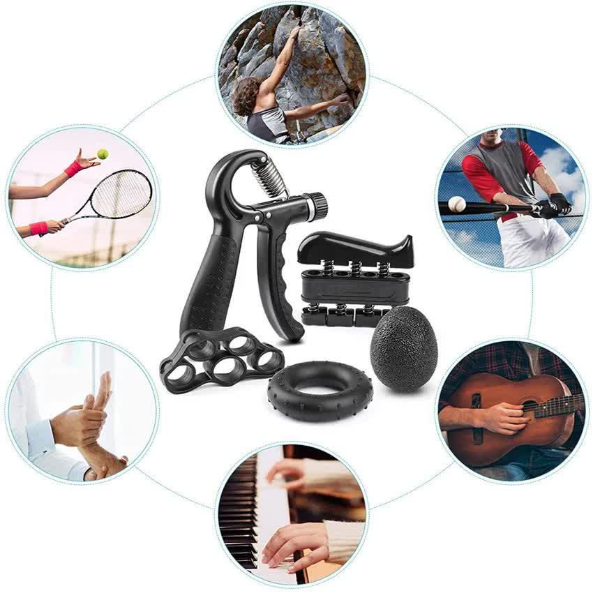 Black 5-Piece Hand Grip Strength Training Set – Adjustable Grip Exerciser, Silicone Grip Rings & Grip Ball