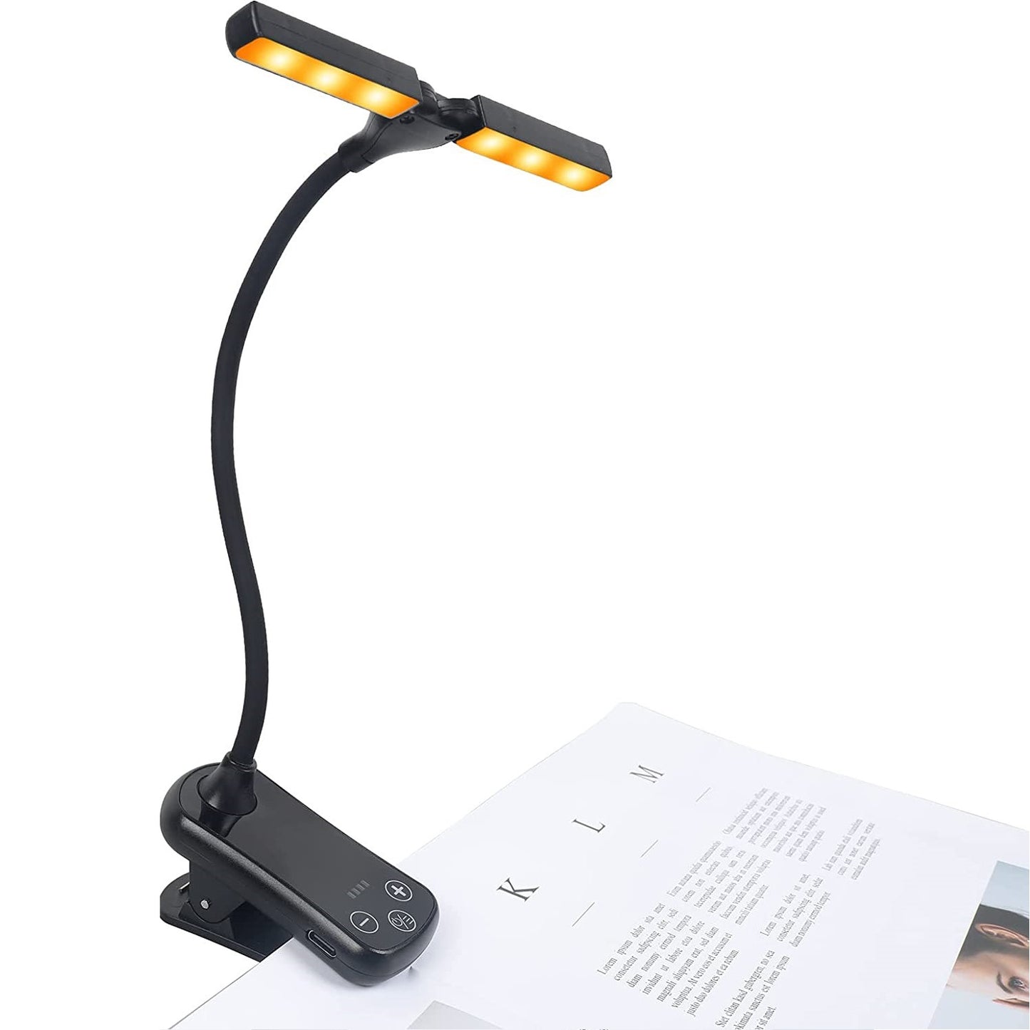 Black Rechargeable Dual-Head Clip-On Book Light - Touch Control Reading Lamp with Eye Protection