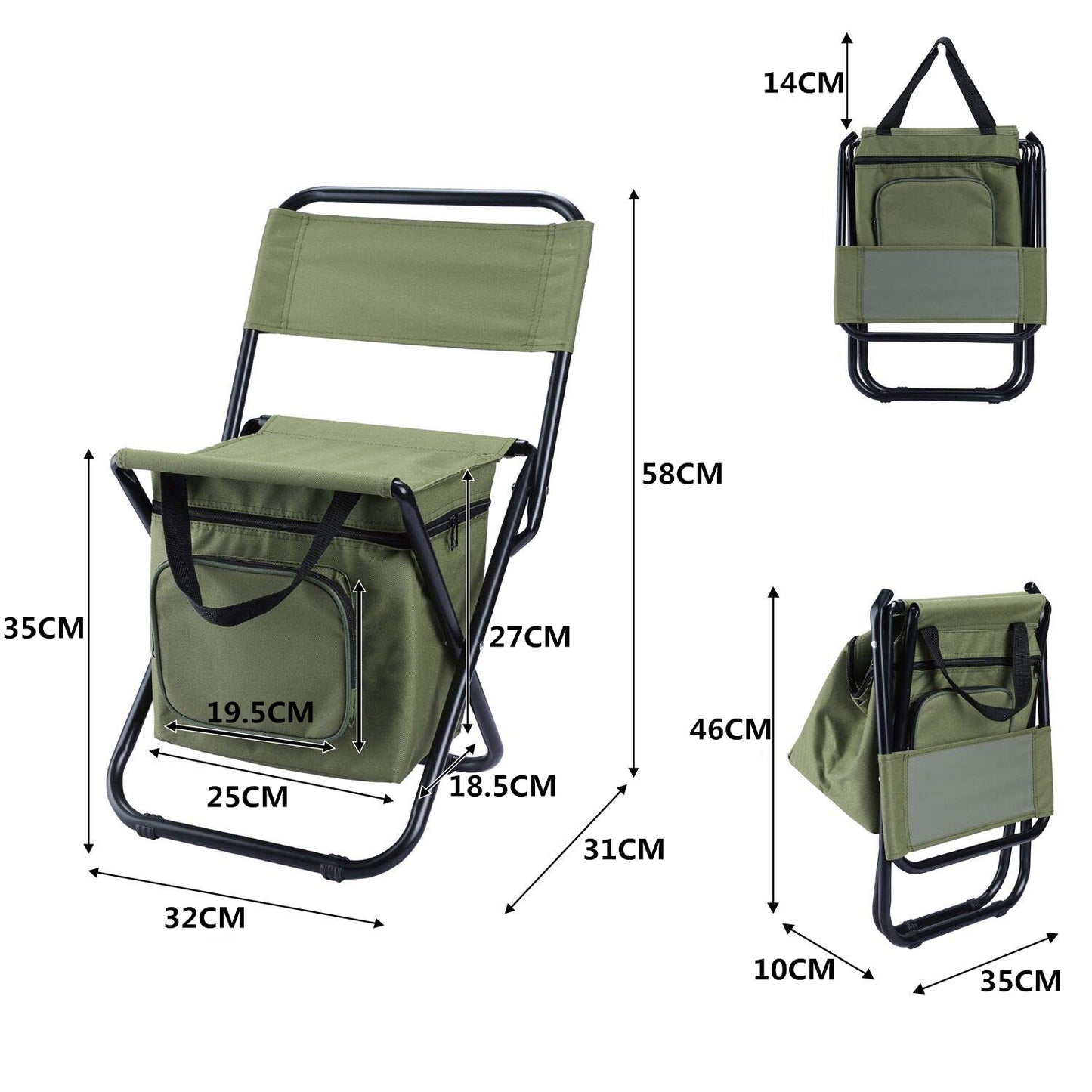 Green folding chair with dimensions on a white background