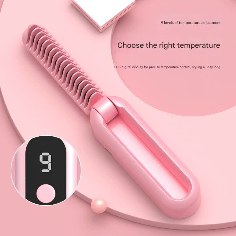 Foldable Wireless Hair Straightener Comb - 9 Temperature Settings, Anti-Scald, USB-C Rechargeable(yellow)