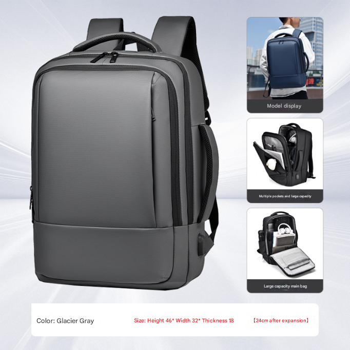 Grey Expandable Business Laptop Backpack with USB Charging Port