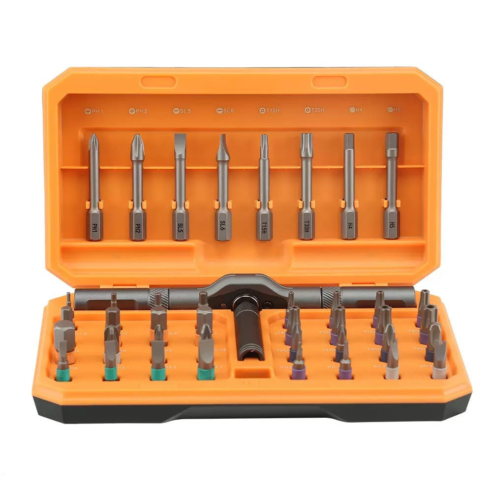 Set of drill bits in an orange case on a white background