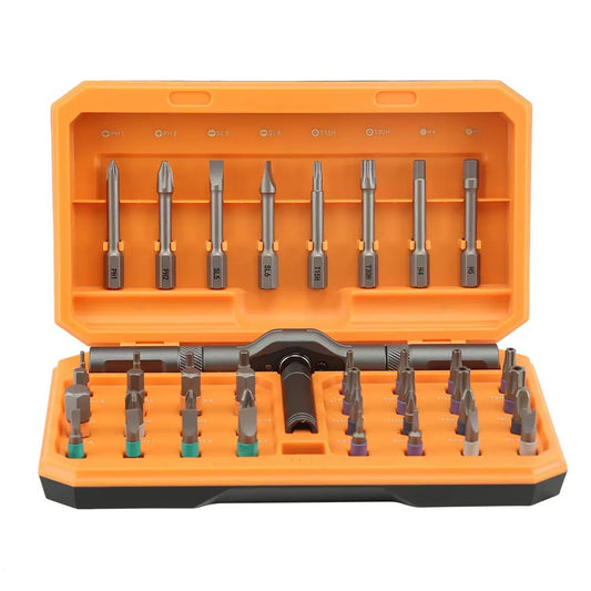 Set of drill bits in an orange case on a white background
