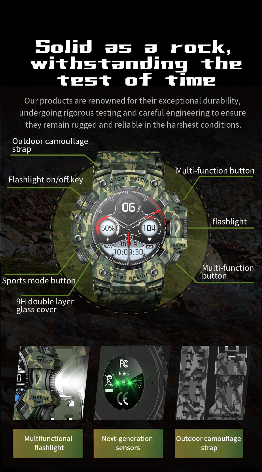 Rugged Outdoor Sport Smartwatch - HD Display, Compass, Flashlight, 100+ Sports Modes, Health Monitoring & Bluetooth Calls(Camouflage gray)