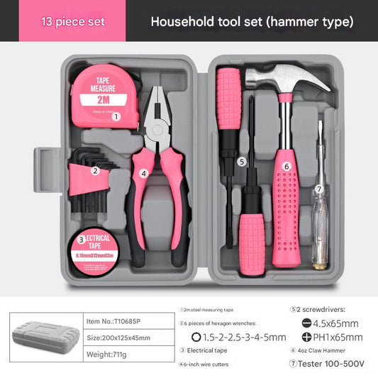 13-piece household tool set with pink tools in a gray case