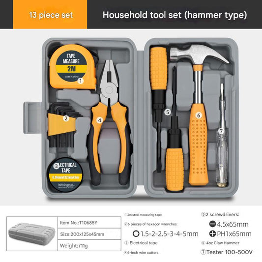 13-piece household tool set with hammer, pliers, and other tools in a gray case.