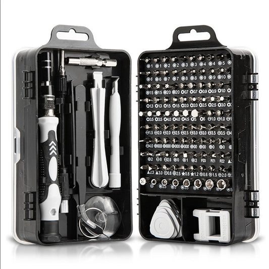 Screwdriver set with various bits and tools in a black case on a white background