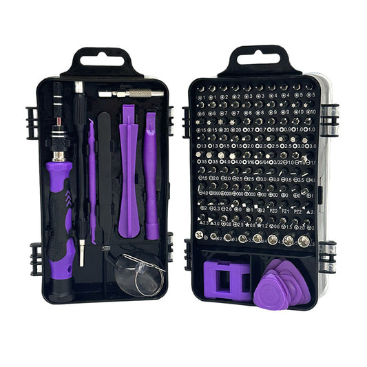 Open tool kit with purple tools and black case on a white background