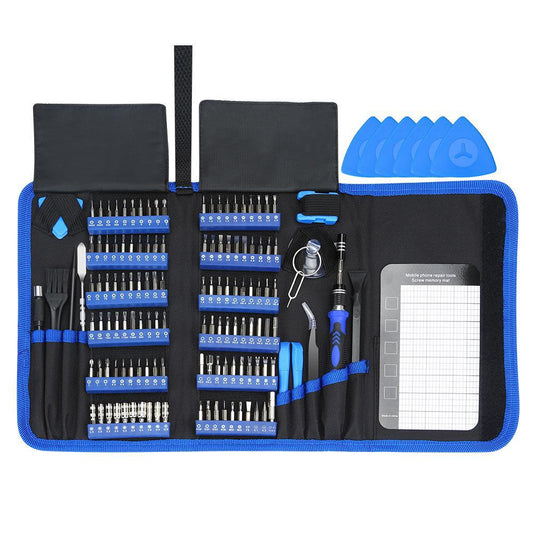 Blue and black tool kit with various compartments on a white background