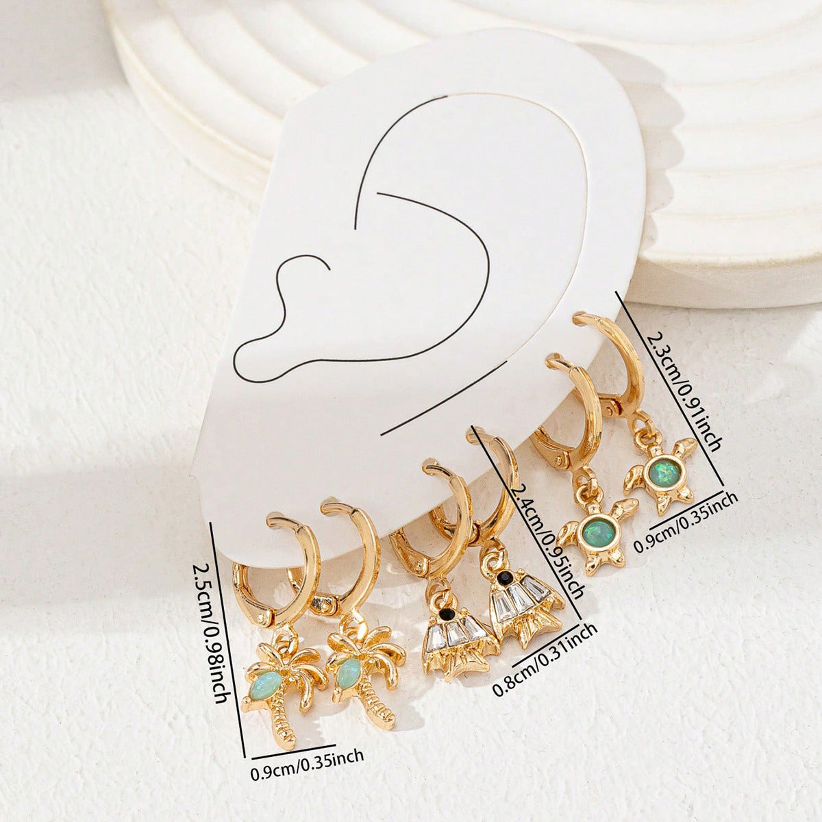 3 Pair Gold Tone Huggie Hoop Earrings Set Tropical Palm Tree Sea Turtle and Fish Charms Beach Holiday Jewellery for Women