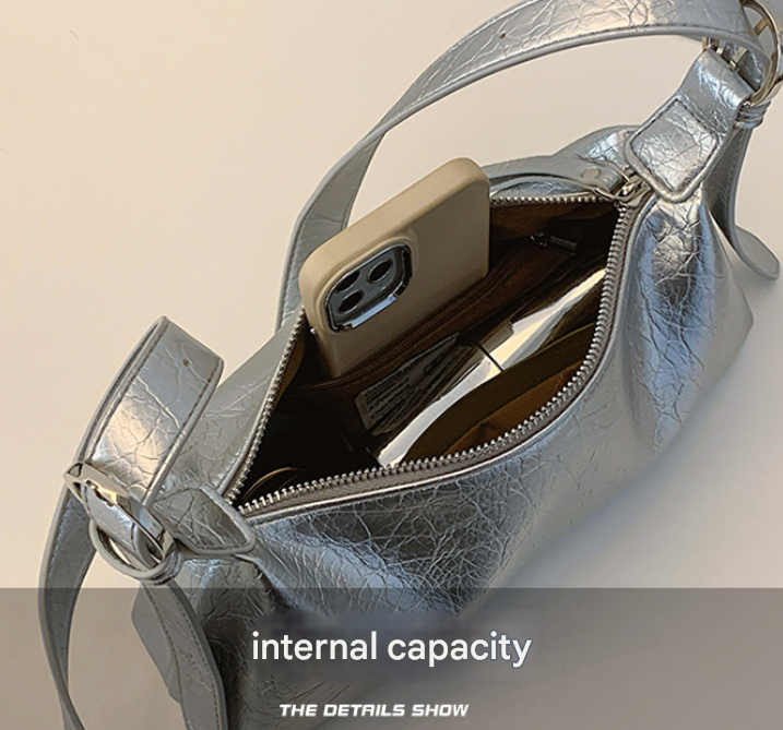 Black Women's Metallic Silver Underarm Baguette Bag French Style PU Leather Shoulder Purse with Adjustable Crossbody Strap for Evening and Daily Use